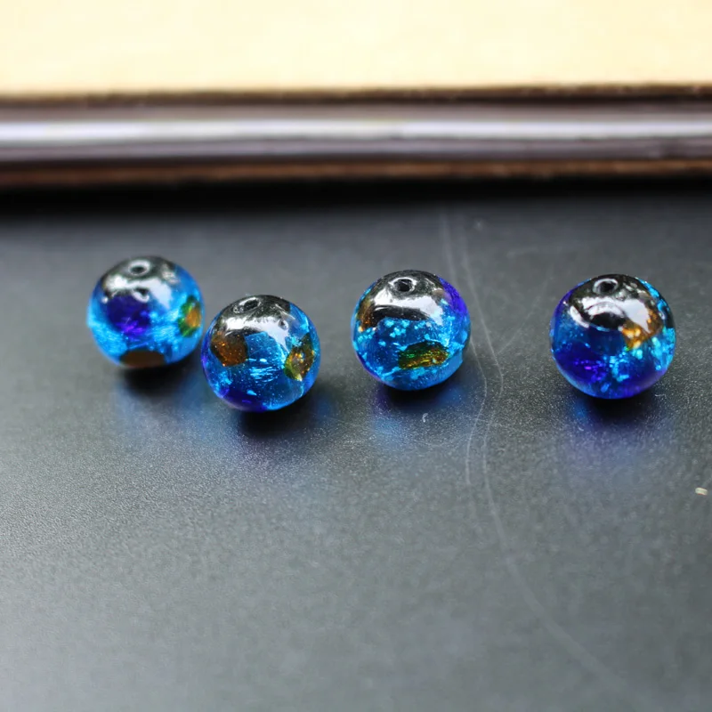 10 12mm Lampwork Glass Beads  Ocean Blue foil with blue orange dots  Round Beads for jewelry Making Accessories Japanese Style