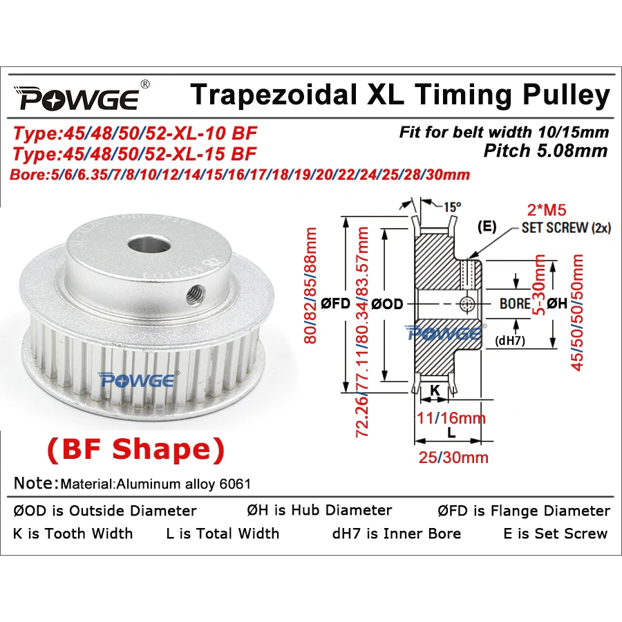POWGE 45 48 50 52 teeth XL Timing Pulley Bore 6/6.35/7/8/10/12/14/15/16/17/18/19/25/30mm for Belt width 10/15mm 45T 48T 50T 52T