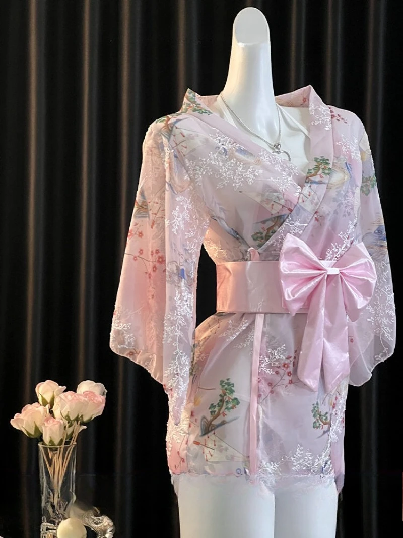 

Сексуальное японское нижнее белье в стиле кимоно для женщин, кружевной халат Pure Desire с галстуком-бабочкой, прозрачное домашнее платье с тремя точками, ночное белье, романтическое