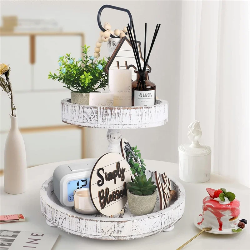 CYCLI-Rustic Style Wooden Tiered Tray, Farmhouse Decorative Tray, Round Tray With Metal Handles