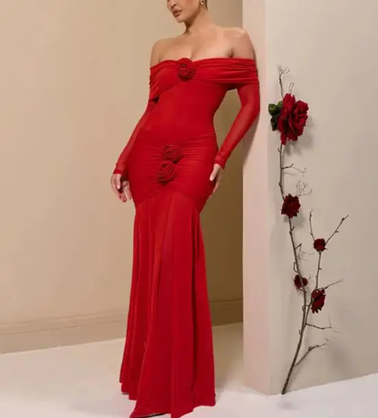 

2025 Autumn New Women's Fashion Temperament Solid Color Pleated Slim Fit Long Sleeved One Shoulder Dress