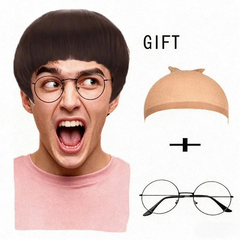 

Мужской короткий парик-гриб, пушистый натуральный синтетический парик с чашей для аниме-косплея, костюм на Хэллоуин в стиле 60-х годов, вечерние полный головной убор