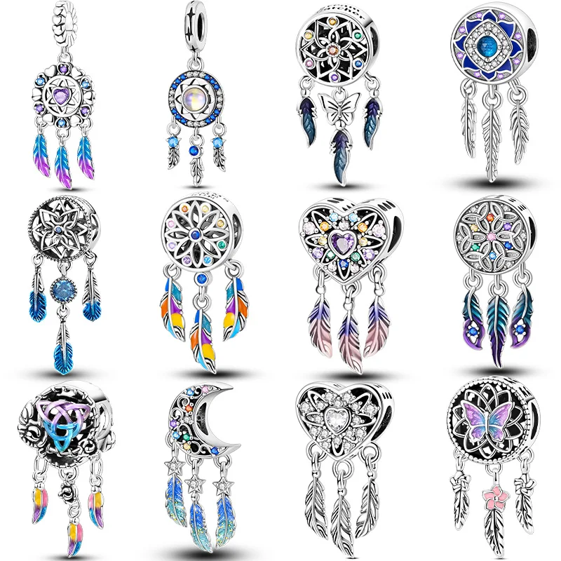 

925 Silver Charms Beads Dreamcatcher Feather Fit Original Bracelet DIY For Lady Fashion Jewelry Gift