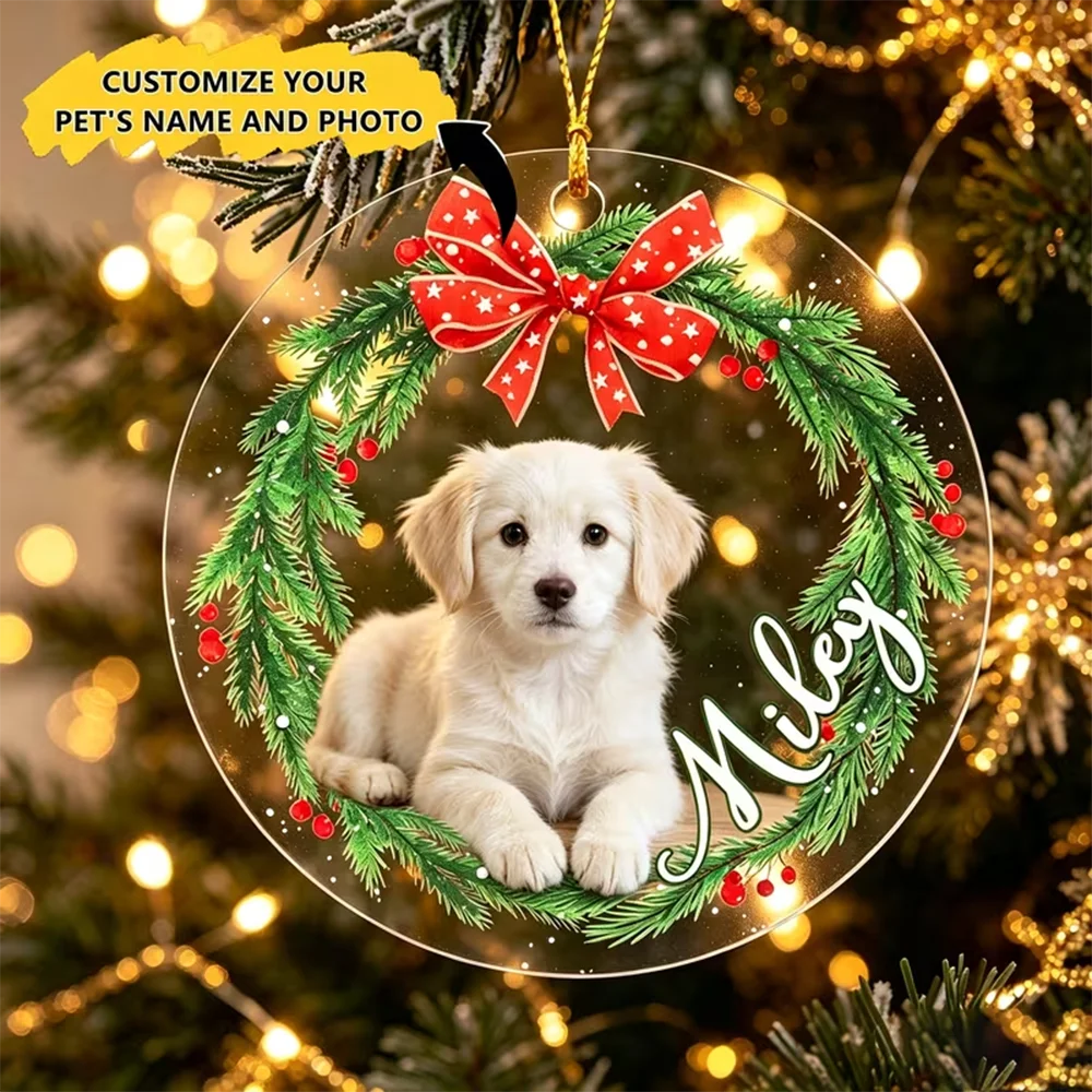 Personalized Pet Photo Christmas Ornament Custom Dog Cat Name Acrylic Round Wreath Hanging Pendant Decoration Gift for Pet-Lover