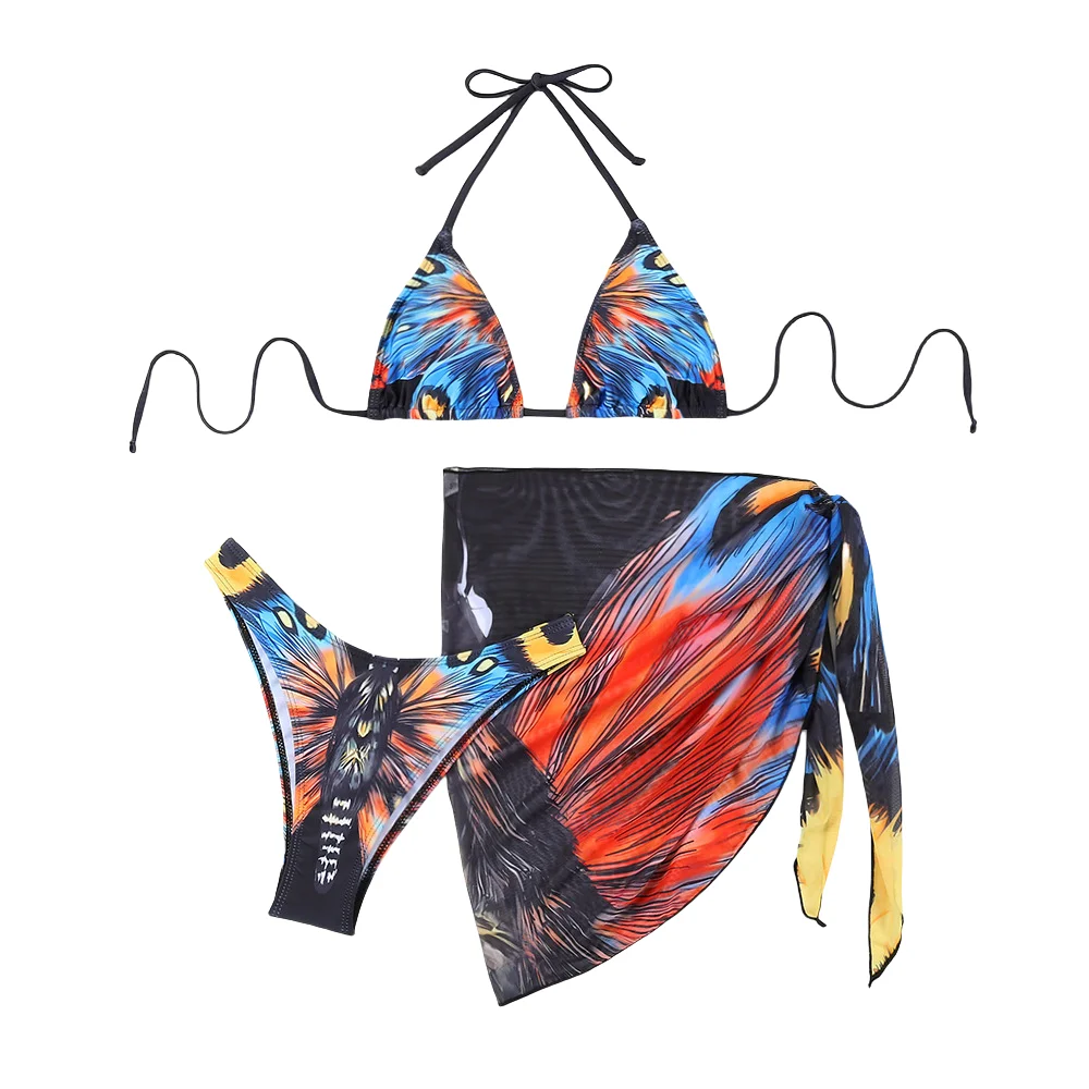 

2024 Women Butterfly Print Sexy Bikini Three Piece Swimsuit Triangle Bikinis Set Beach Dress Swimsuit Summer Women Swimwear