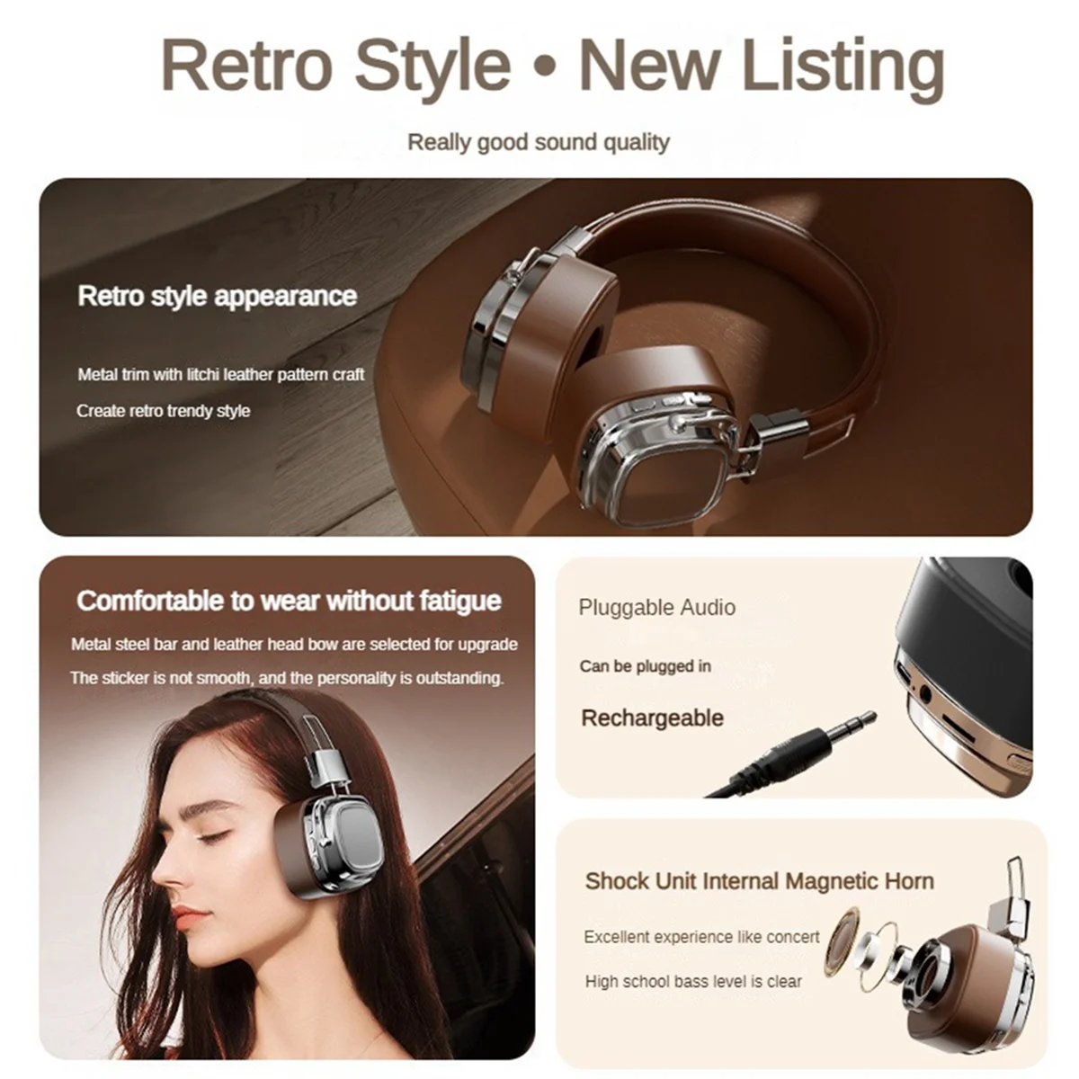 Retro Classic over Ear ชุดหูฟังสตูดิโอสเตอริโอ Bluetooth5.3 หูฟังไร้สาย Touch Control Type C หูฟัง,A