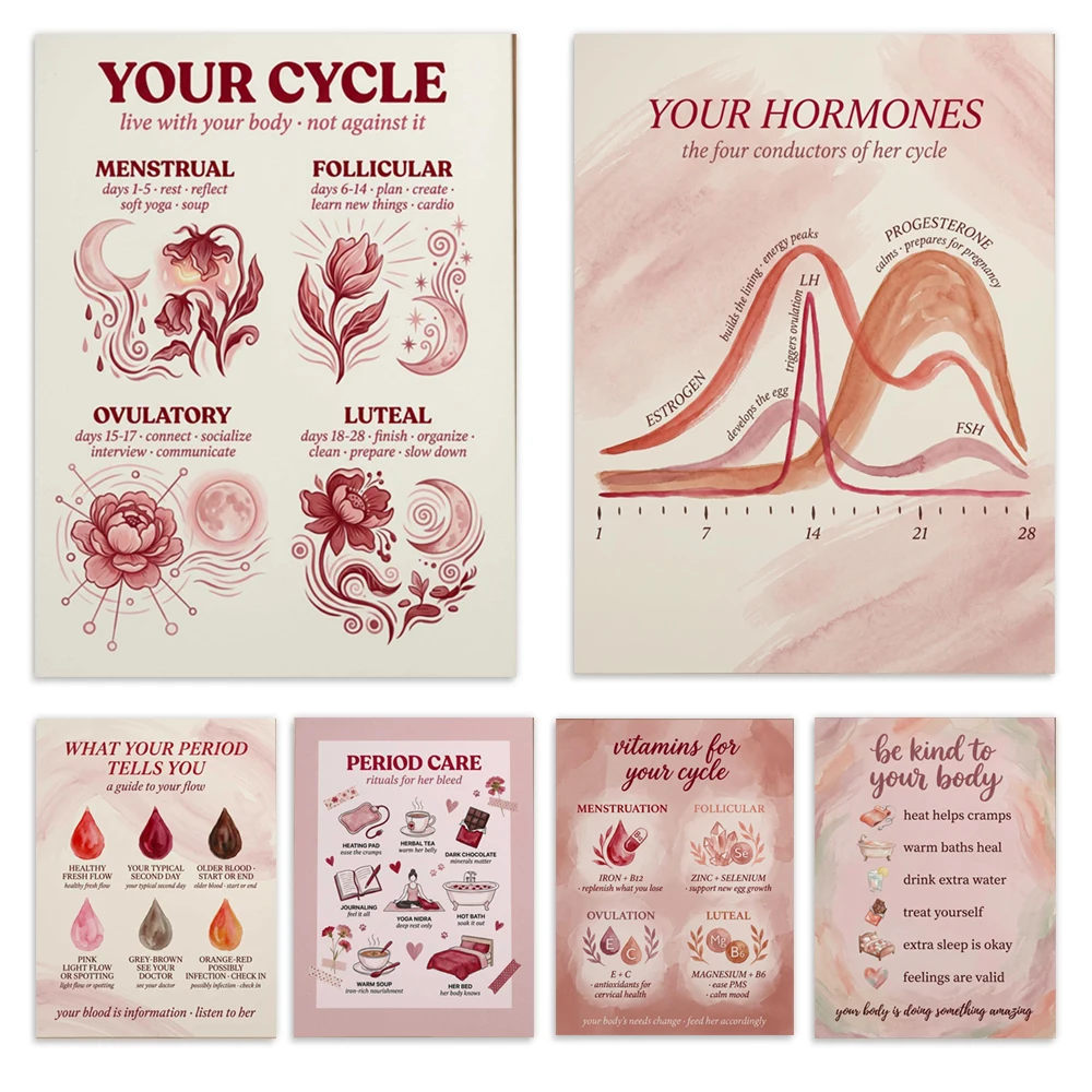 Menstrual cycle art, menstrual blood guide, vaginal discharge guide, hormonal cycle art, self-care, women's health posters