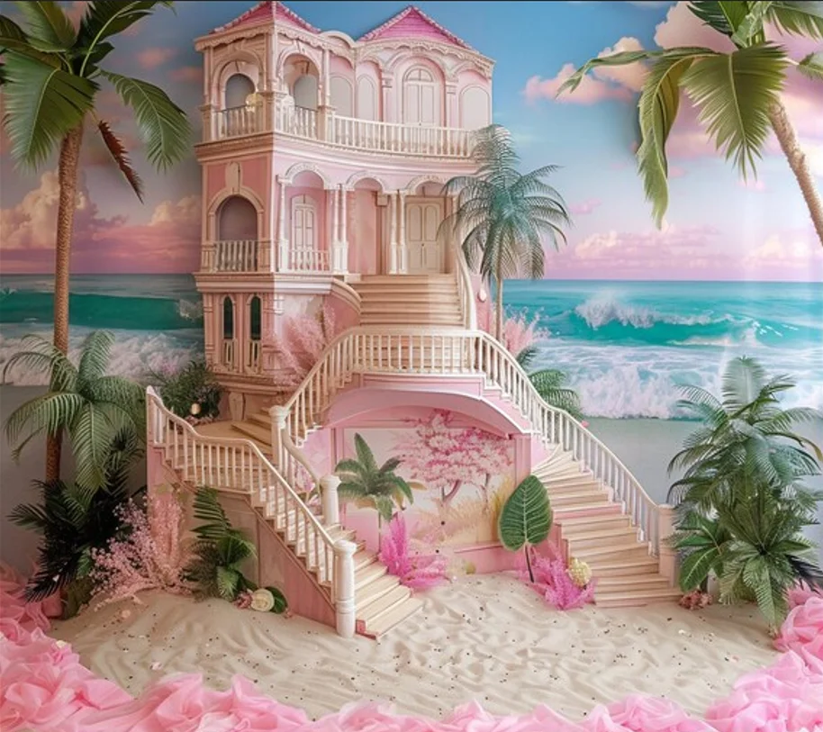 Barbie Dream House Summer Beach Surf Shop Backdrops Kids Baby Birthday Balloon Portrait Photography Seaside Trees Background