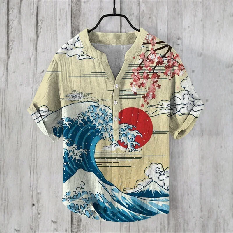 

2024 Summer Japanese Art Print Retro Shirt Men's Casual Button Short Sleeve V-neck Men's T-shirt Top Shirt Clothing