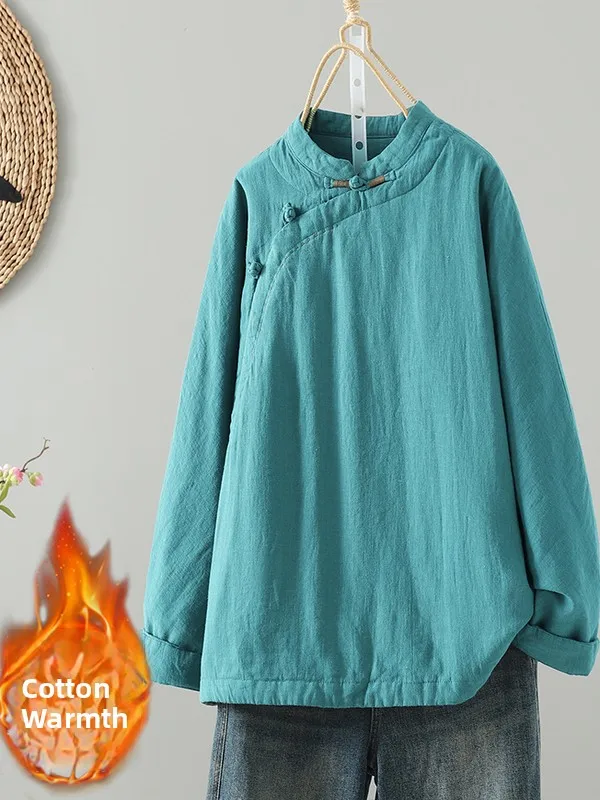 

New Retro Chinese Sle Women's Cotton Jaet Overhead Slant Lapel Collar Zen Study Thiened Long Sve Regular Fit Coat