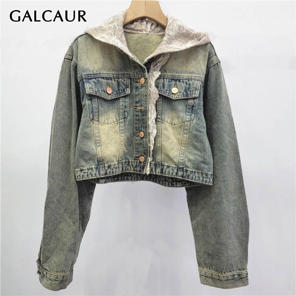 

GALCAUR Solid Spliced Lace Chic Jacket Female Hooded Long Sleeve Loose American Retro Women's Jackets Autumn Fashion New Style