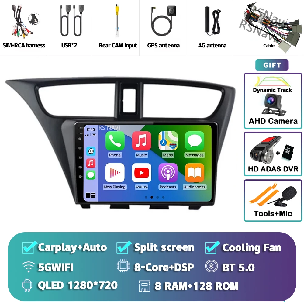 Android 15 Carplay Auto Voor Honda Civic Hatchback 2012 2013 2014 2015 2016 2017 Multimedia Autoradio Speler WIFI + 4G DSP Stereo