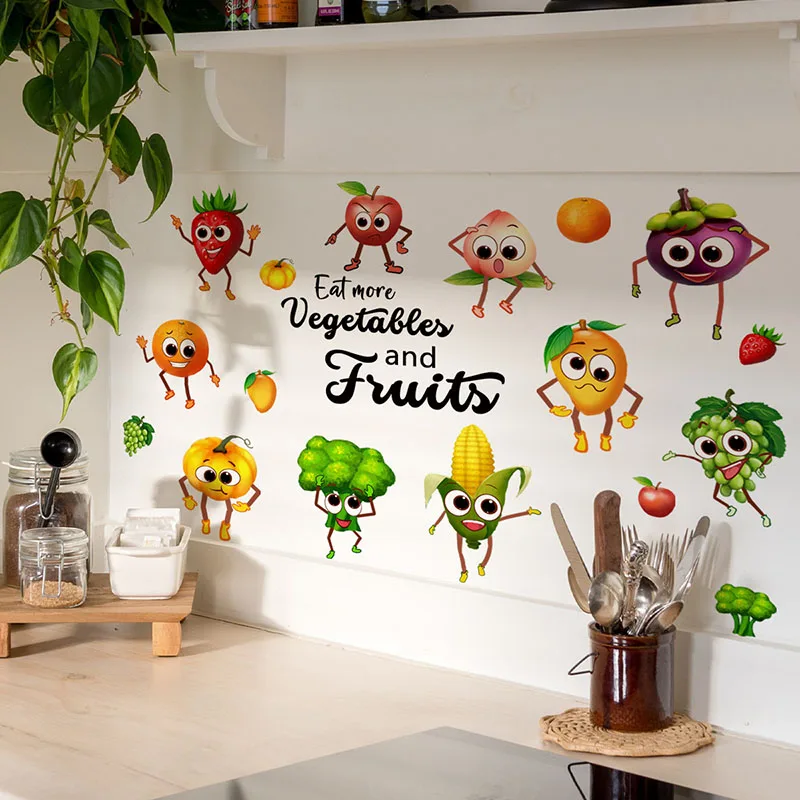 Cartoon Kitchen Food Wall Stickers Cartoon Vegetables Peel and Stick Wall Art Decals for Kitchen Dining Room Fridge Decor