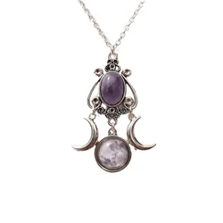 Triple Moon Goddess Necklace Amethyst Jewelry Retro Creative Personalized Alloy Necklace