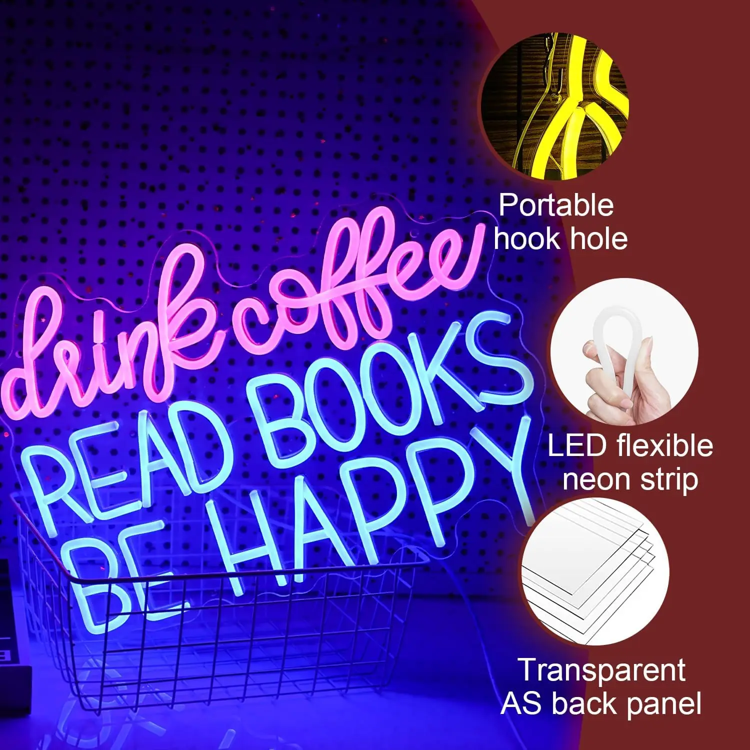 Drink Coffee Read Books Be Happy Neon Sign Led Read Books Light Wall Decor Neon Light for Classroom Coffee Shop Bookstore
