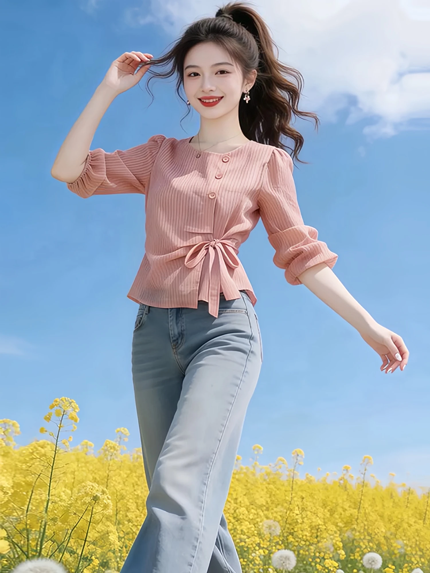 

Chic round Neck Seven Sleeve Shirt Women's Belted Waist Slimming Summer New Style Korean Loose Fit Long Sleeve Breathable Ski...