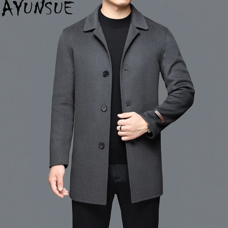 

AYUNSUE Куртка из 100% шерсти, мужская зимняя одежда, Тренч средней длины для мужчин, двустороннее шерстяное пальто, Slim Fit 2025 Пальто Зимнее