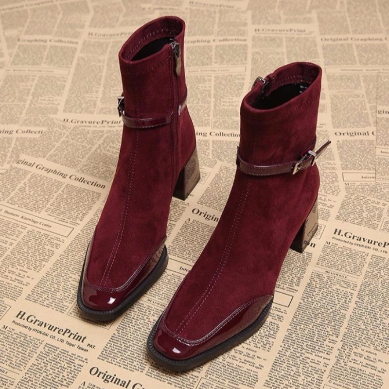 الخريف الشتاء ساحة تو النساء حذاء من الجلد حزام مشبك كعب سميك أحذية الشارع نمط مأدبة فستان الحفلات قصيرة بوتاس Mujer