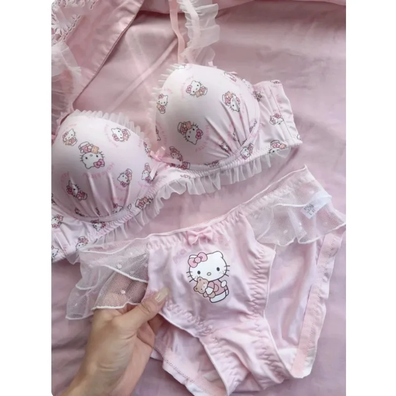 Japanese-style Cute Color-blocked Kitty Bow Lingerie, Wireless Lace Bra and Panty Set for Teen Girls, Push-up for Small Bust - view 2