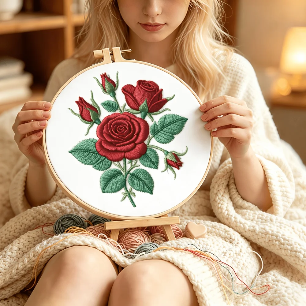 Embroidery Stitch Practice Kit For Adults Beginners Pre‑Printed Cloth Bamboo Hoop Thread Needles Hand‑Stitching Learning Craft