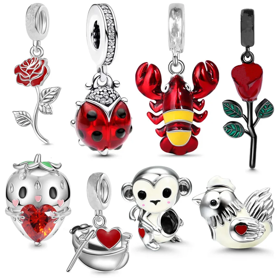 Hot Sale Red Ladybird Lobster Monkey & Rose Dangle Charm Bead Fit Original 925 Sterling Silver Pan Bracelet DIY Jewelry Gift