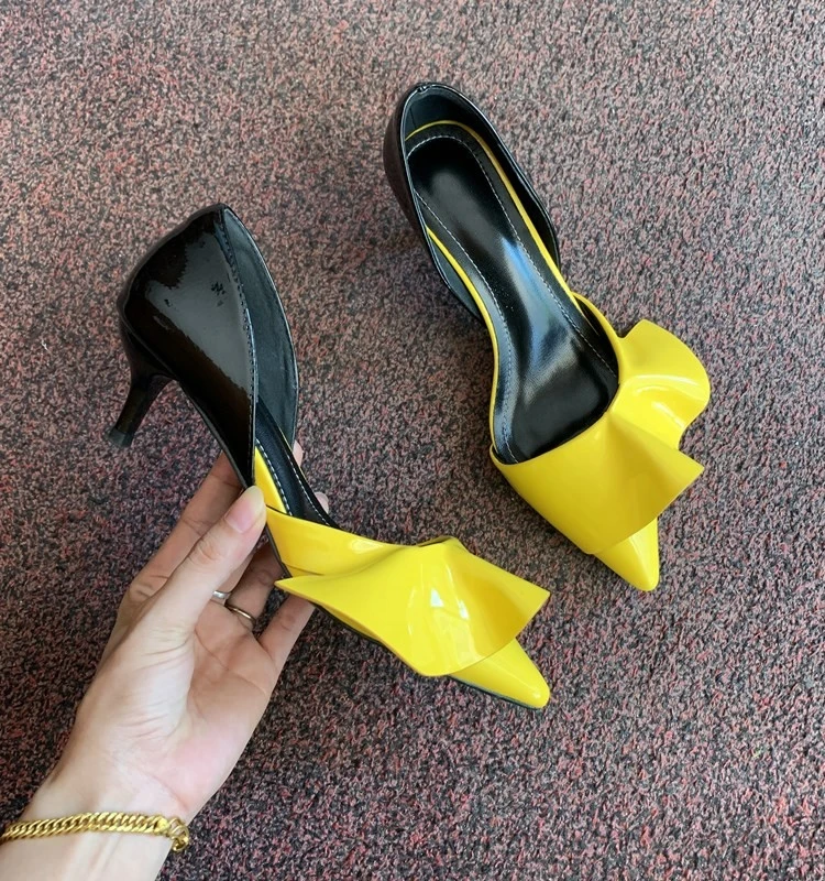 2024 New Patent Leather Ruffled Stiletto Heel Pumps Pointed Toe Shallow Mixed Color Slip On Summer Sandals 5Cm High Heels