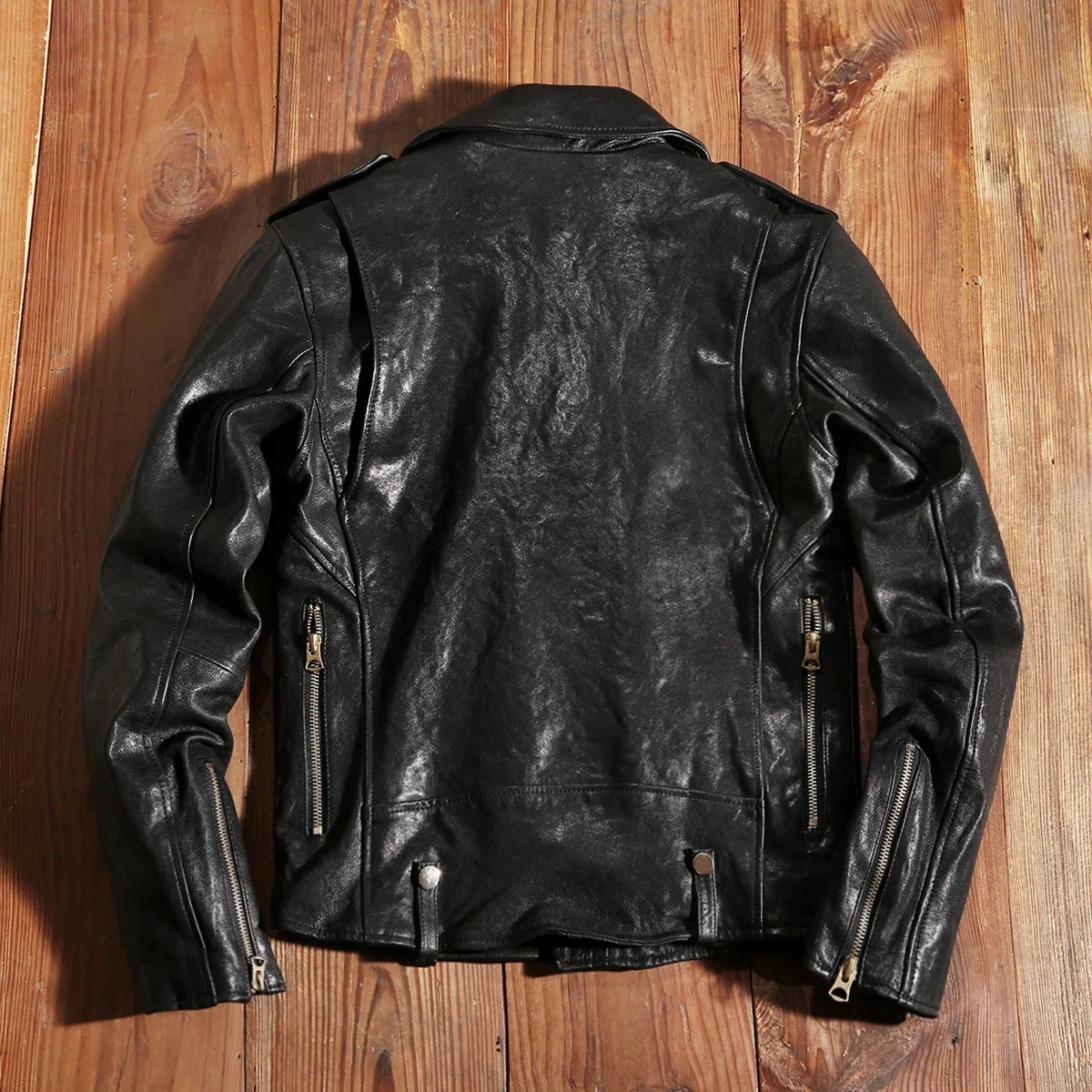 J24 Men's Black Multi Pocket Vegetable Tanned Sheep Leather Motorcycle Jacket Diagonal Zipper Real Vintage Coats for Men