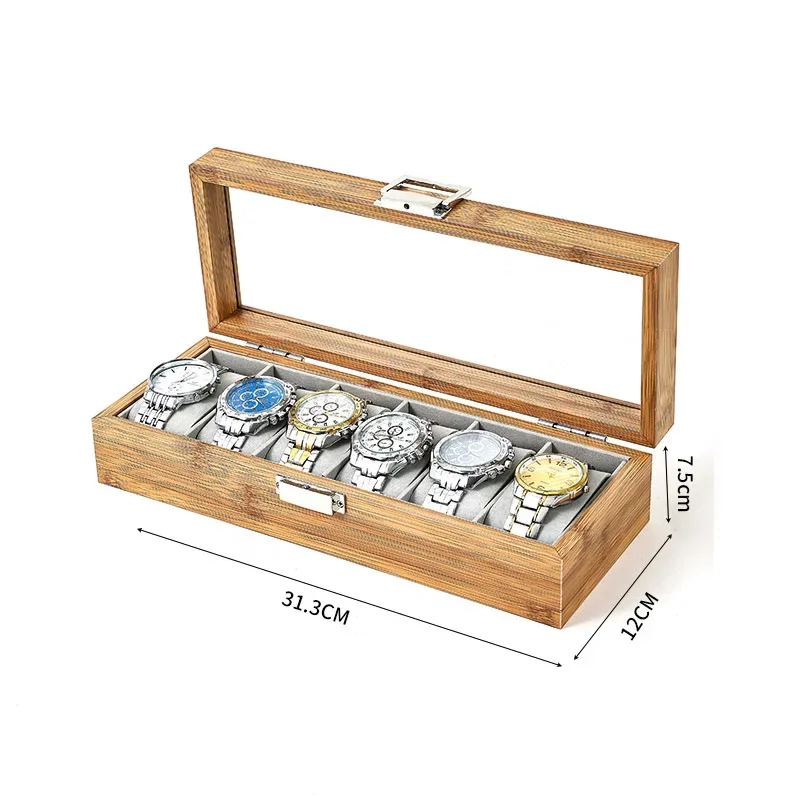 3/6/10/12 Slots Environmental Protection Bamboo Watch Box Chinese Style Watch Storage Case with Glass Top Watch Display Box