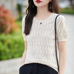 Women's T-shirt Summer 100% Cotton Sweater Short Sleeve Fashion Knitted Round Neck Ladies Tops Loose Blouse Pullover Hollow Tees