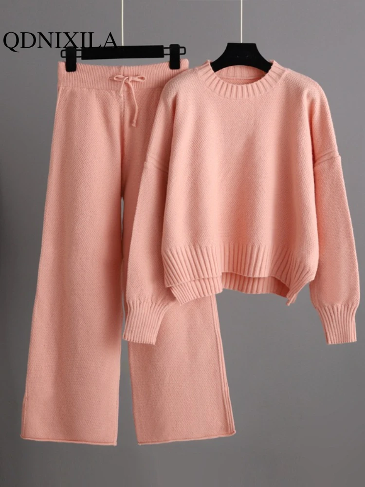 Pants Sets Autumn Winter New In Fashion Casual Knitting Set Loose O-Neck Sweater Wide Leg High Waisted Pants Clothes for Women