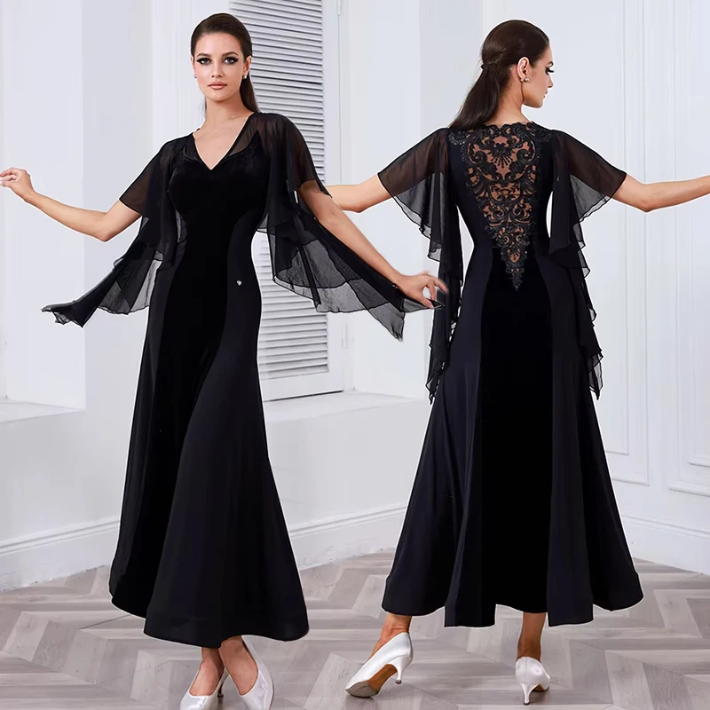 

Черное платье для бальных танцев, стандартный костюм для соревнований, женская одежда для вальса, одежда для социальных танцев, женская одежда для бальных танцев, современная танцевальная одежда AMY2554
