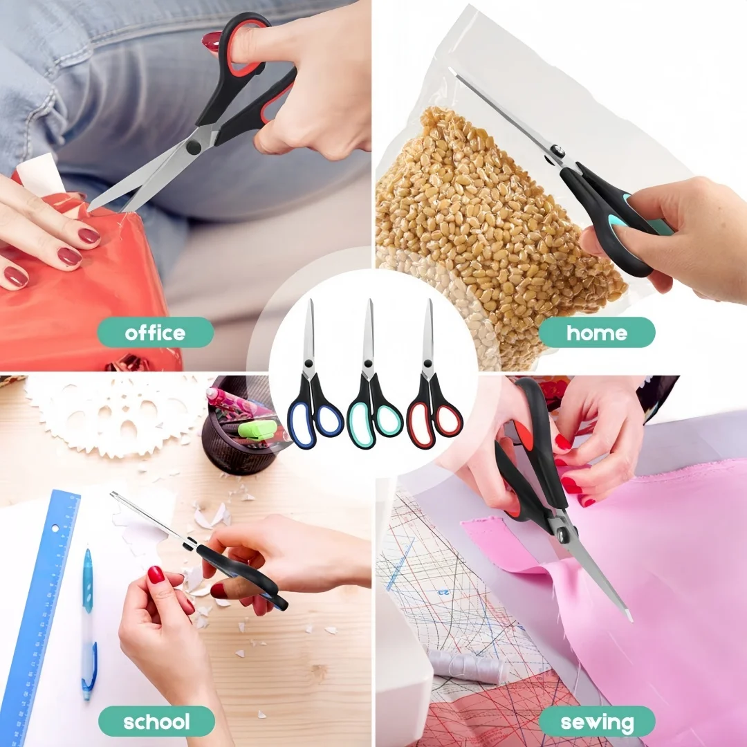 Forbici resistenti da 3 pezzi con lame ultra affilate e manici con impugnatura comoda: per ufficio, casa, scuola, cucito e artigianato