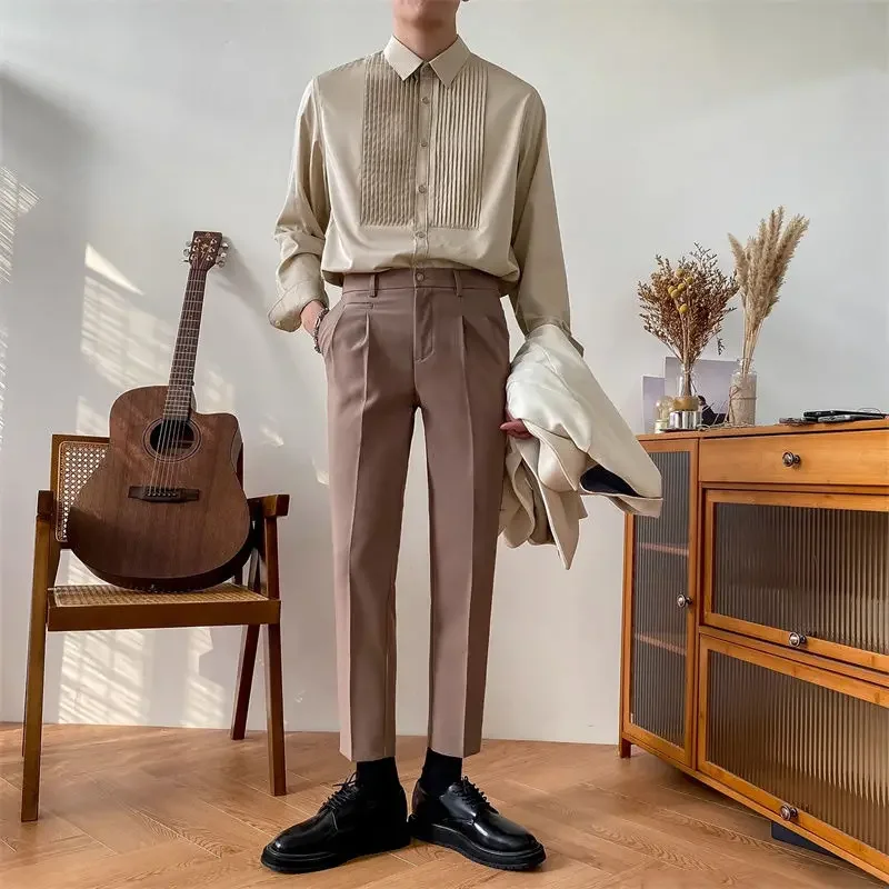 

France England Style Men Shirts New Autumn Solid Lapel Button Pleated Korean Chic Business Casual Loose Long Sleeve Tops JJ218