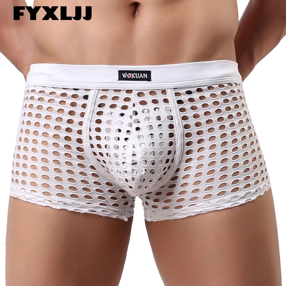

FYXLJJ Breathable Sexy Mesh Men's Boxers Shorts Fishnet Hollow Out Male Boxershorts See Through Solid Color Underwear Lingeries