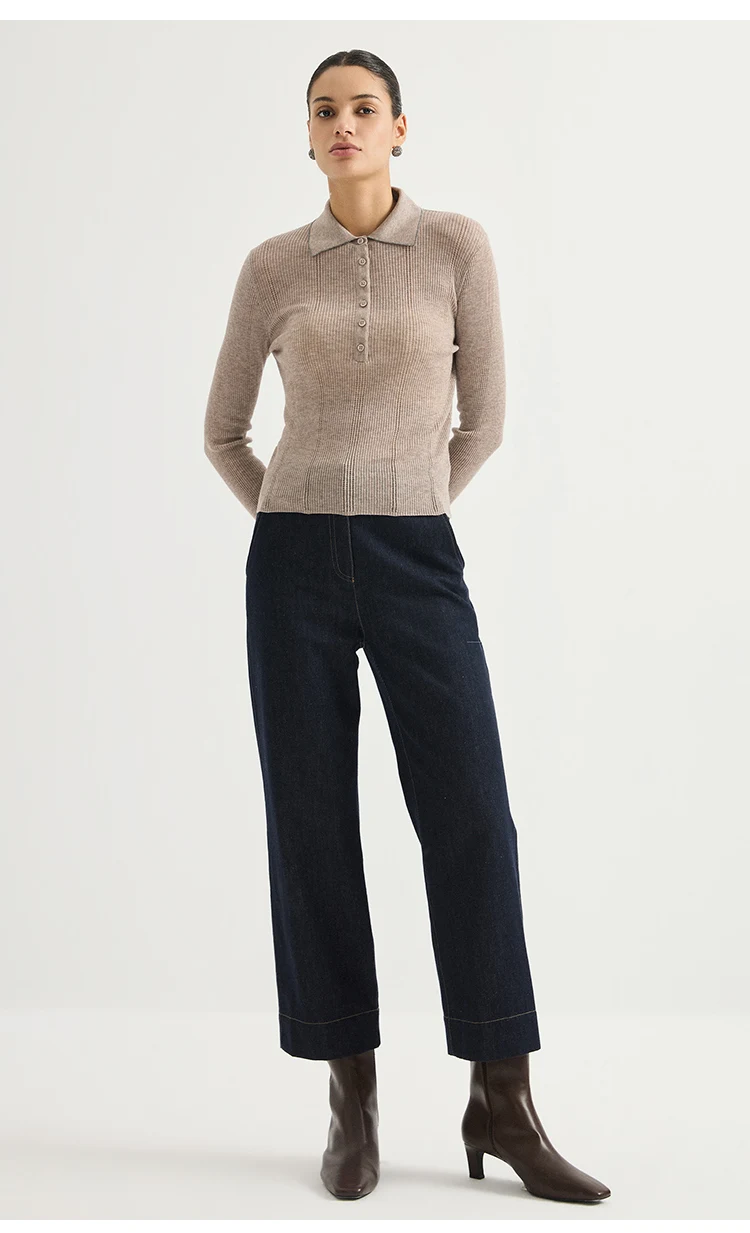 BY3621691 Damen-Polokragen-Pointelle-Strickjacke aus Wollmischung mit langen Ärmeln, halber Knopfleiste, Muschelknopfverschluss, Kette, dezenter Luxus für den Herbst – Detail 12
