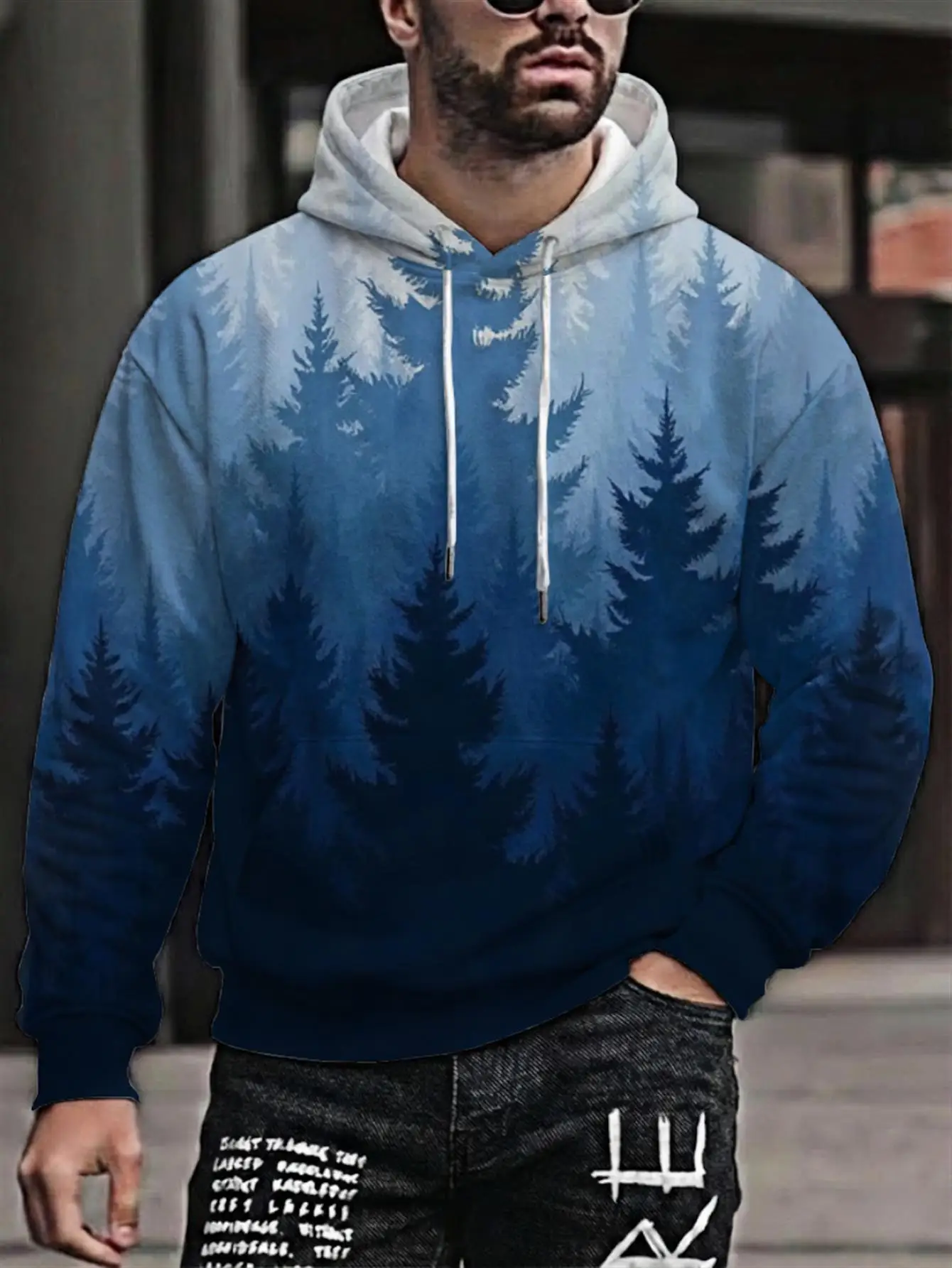 Men Gradient Blue Misty Pine Forest Print Hoodie Drawstring Pocket Long Sleeve Casual Pullover Sweatshirt