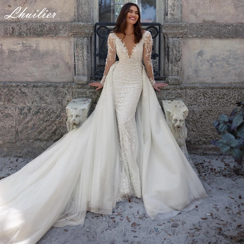 

Lhuilier Customized 2 Pieces Lace Mermaid Wedding Dresses Full Sleeves Beaded Backless Bridal Gowns with Detachable Train