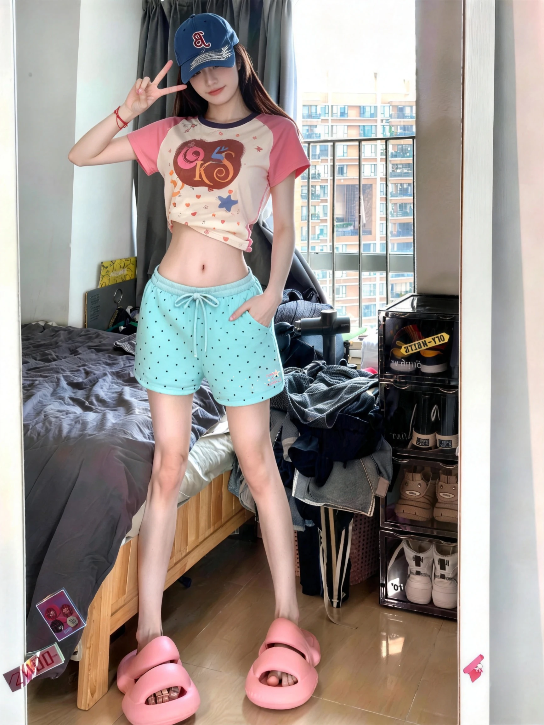 Dopamine Polka Dot Blue Shorts Women's High Waist A-Line American Sports Beach Three-Quarter Length Hot Pants Small Size