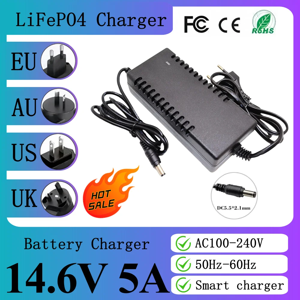 14.6V 5A LiFePO4 Charger 4S 12.8V Lifepo4 battery pack charger Smart power off AC100-240V DC5.5*2.1/2.5mm Plug +Crocodile clip