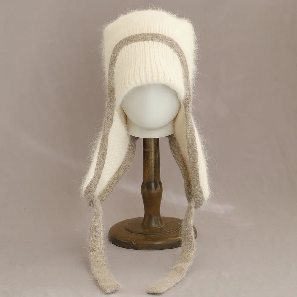 Chapéu earflap feminino inverno angora malha gorro acessório quente para tempo frio outono ao ar livre esqui esportes férias