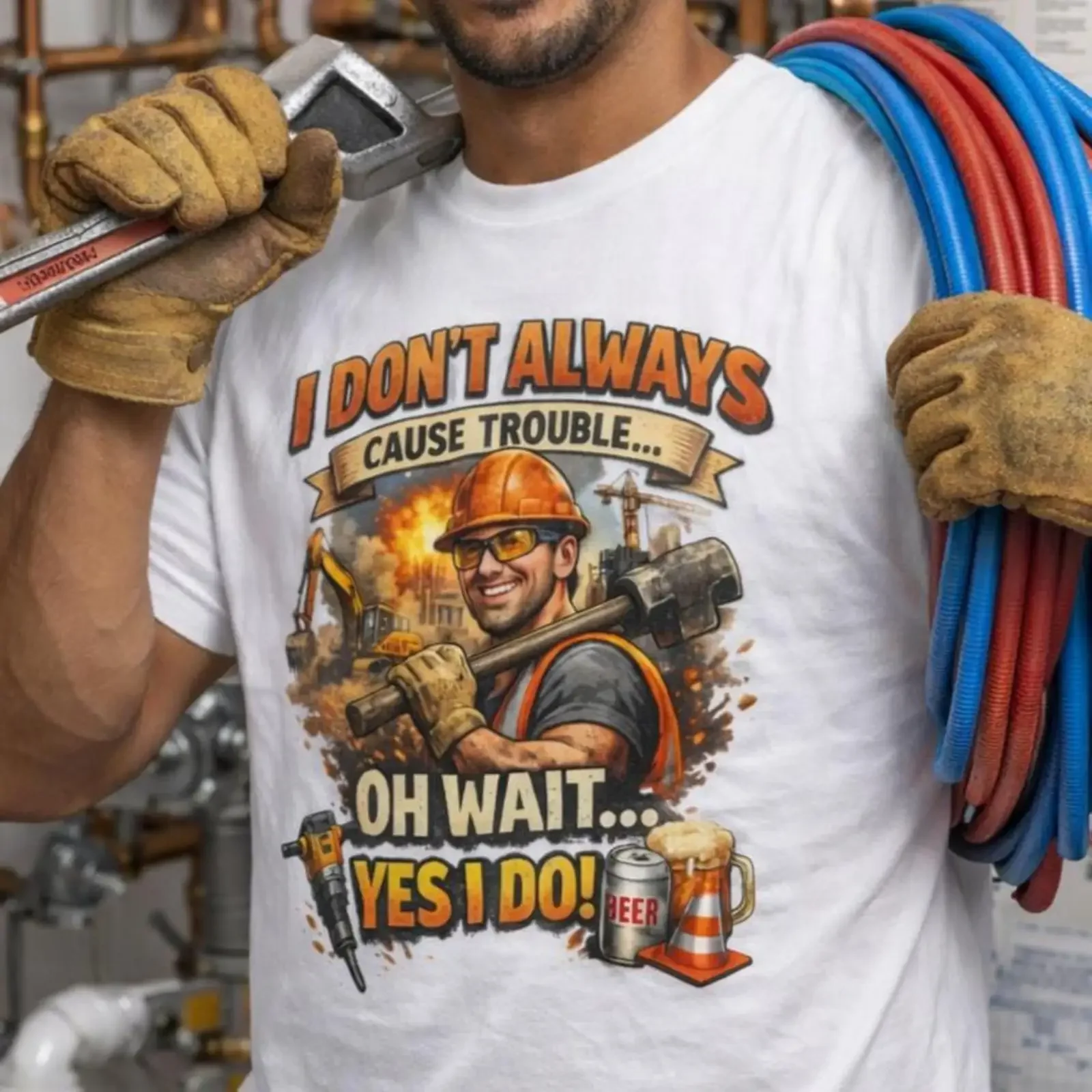 Construction Worker T Shirt Cause Trouble  vintage Washed Comfortable streetwear Slightly Breathable Top For Everyday Wear