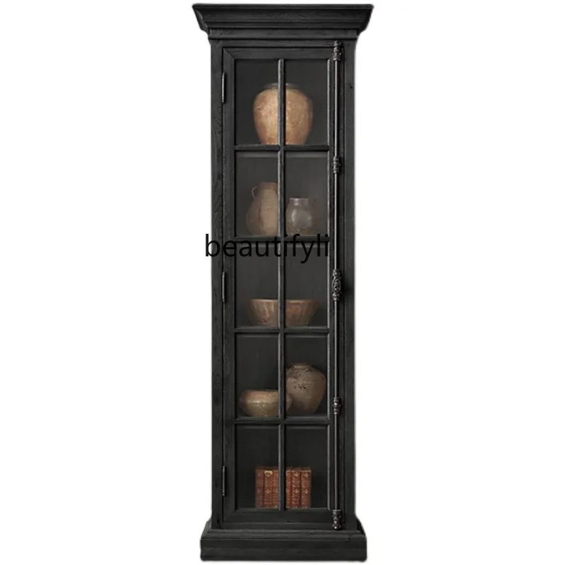 

American-Style Solid Wood Single Door Retro Display Wine Cabinet Sideboard Cabinet Nordic Glass Door Simple Locker Customization