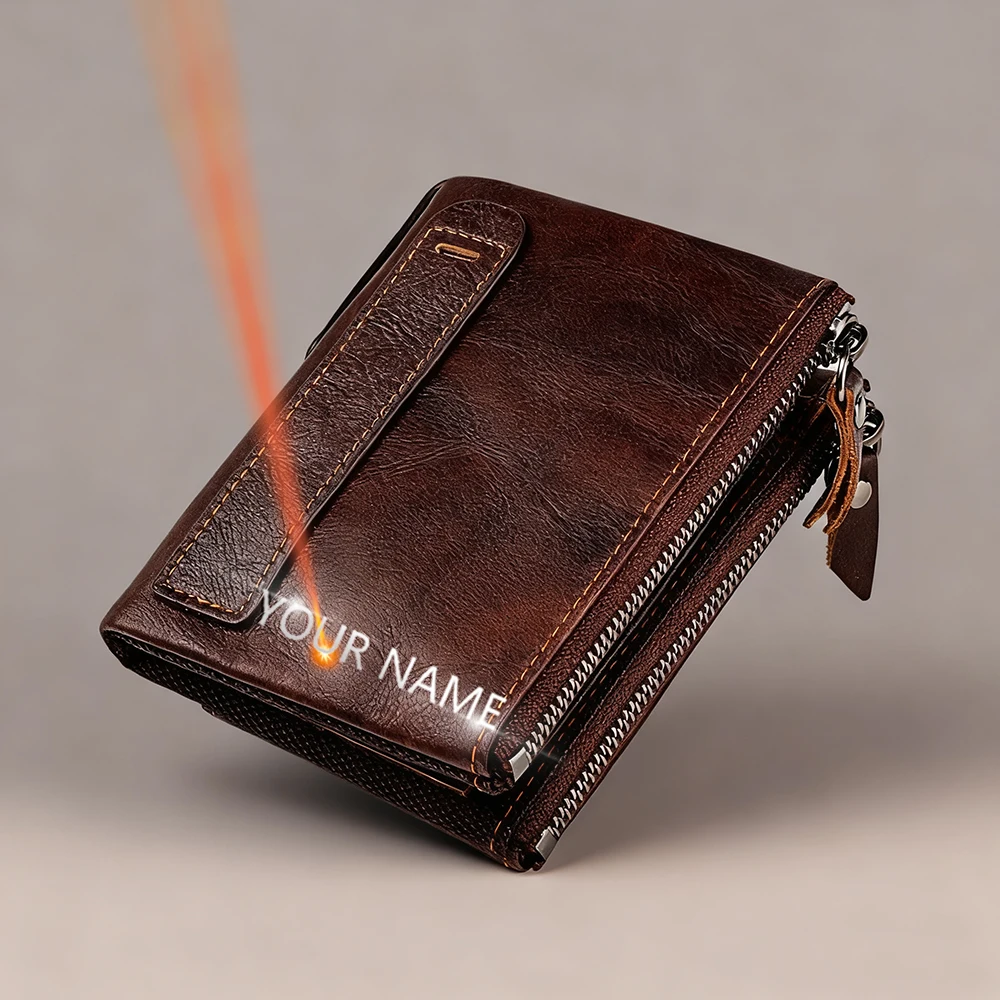 

RFID-кошелек из натуральной кожи для женщин, короткий стильный держатель для карт с гравировкой имени, мужской кошелек в стиле ретро, кошелек унисекс с двойной молнией