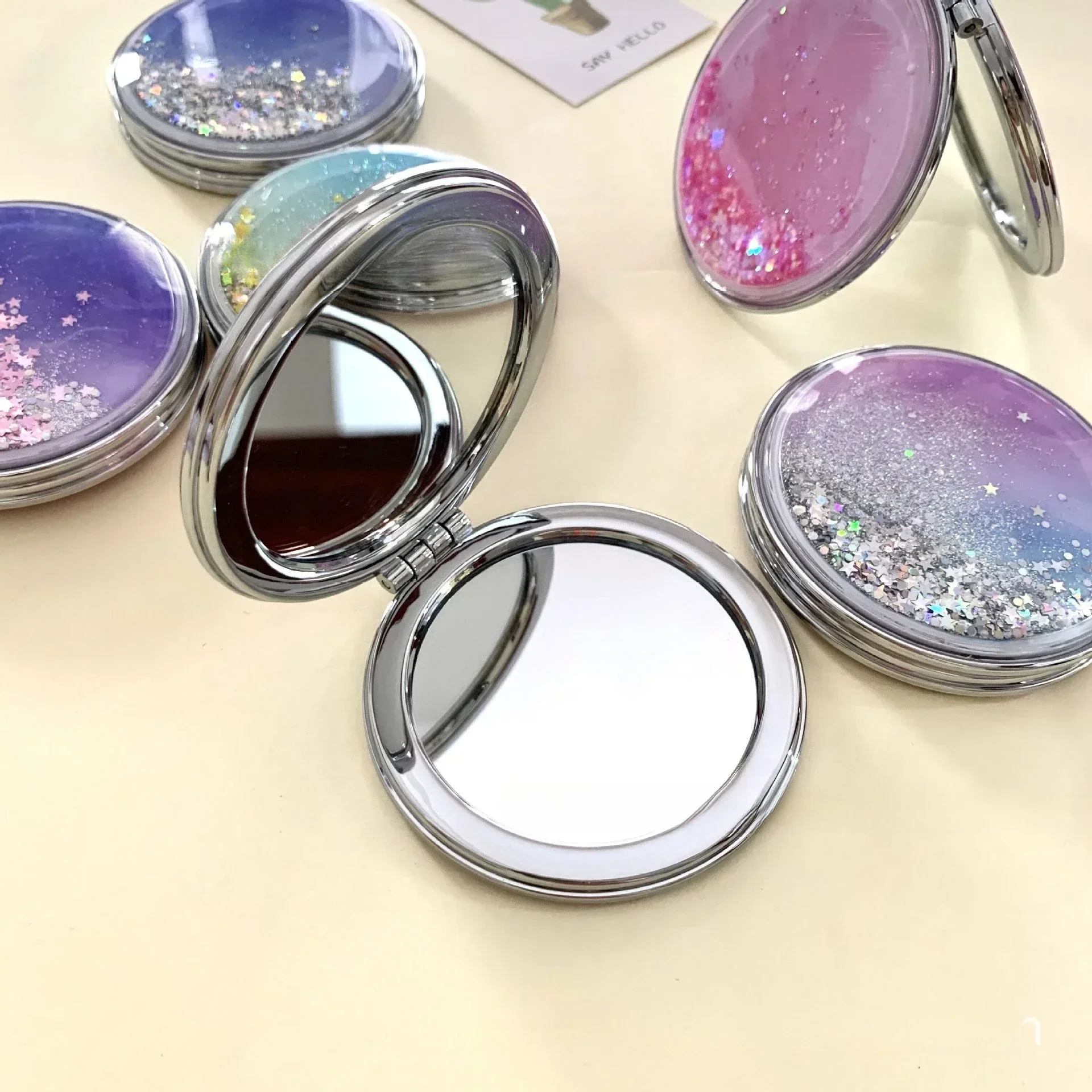 2-face Makeup Mirror Portable Quicksand Sequins Cartoon Cute Girl's Gift Hand Mirror Pocket Double-sided Makeup Mirror Compact