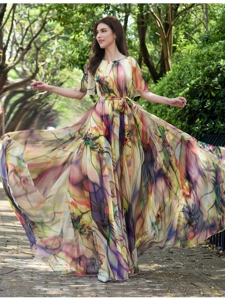 2024 Summer Bohemian Long Dress Flowers Print Holiday Boho Floral Chiffon Fashion Party Dresses Islamic Clothing Robe Vestido