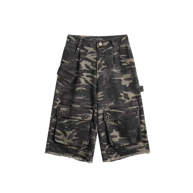 Celana Jeans Tujuh Saku Model Vintage Distressed Camouflage untuk Pria, Musim Panas, Model Longgar, Celana Cargo Multi-Kantong