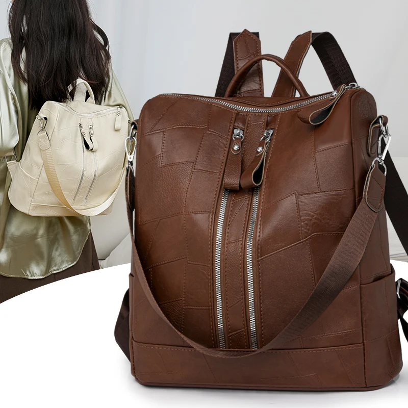 New Fashion Multi-function Backpack Women's High Quality PU Leather Retro Style Shoulder Bag Large Capacity School Bag for Girls