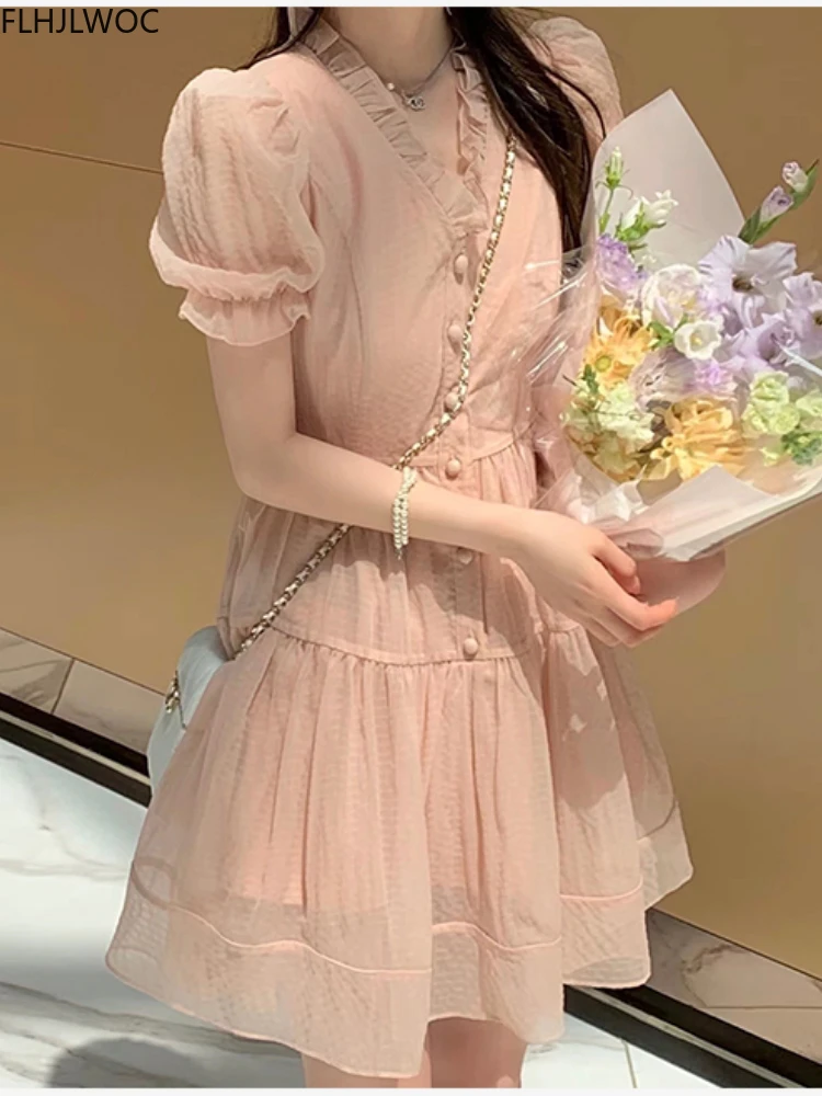 Korea Chic Dress 2022 Summer Holiday Date Girls V Neck Sweet Romantic Pink Women Lace-Up Ruffles Button Shirt Dresses