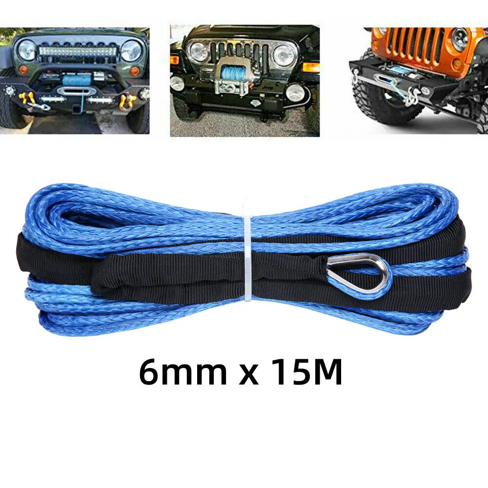 Winch Rope 6MM X 15M Synthetic Cord Hook Winch Cable Line Car Tow Recovery Cable 4WD SUV ATV Boat