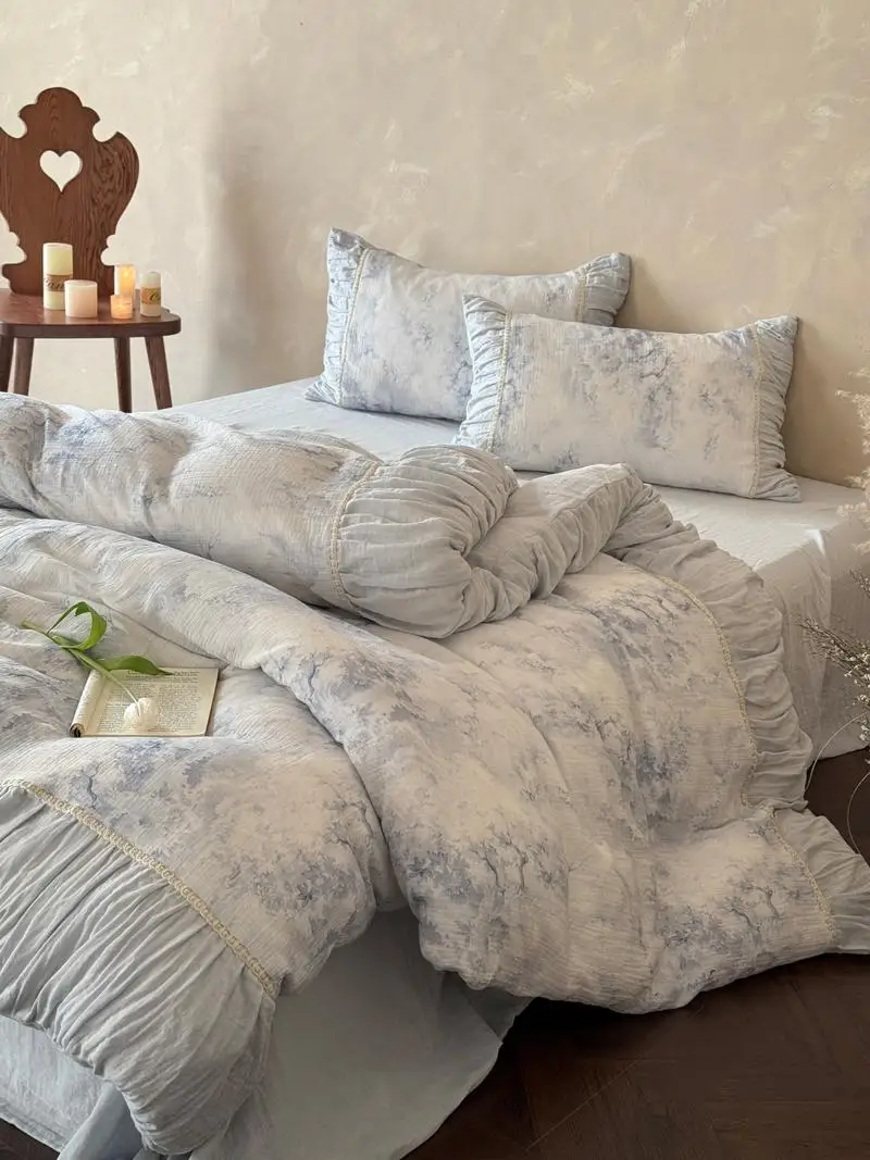 Romantic Double Layer Cotton Four Piece Bedding Set Soft Pure Cotton Bed Sheets Quilt Coverlets Princess Style Healing Series